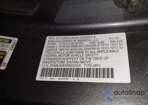 2024 Honda Odyssey Touring z USA, uszkodzony, nr VIN 5FNRL6H8XRB032500